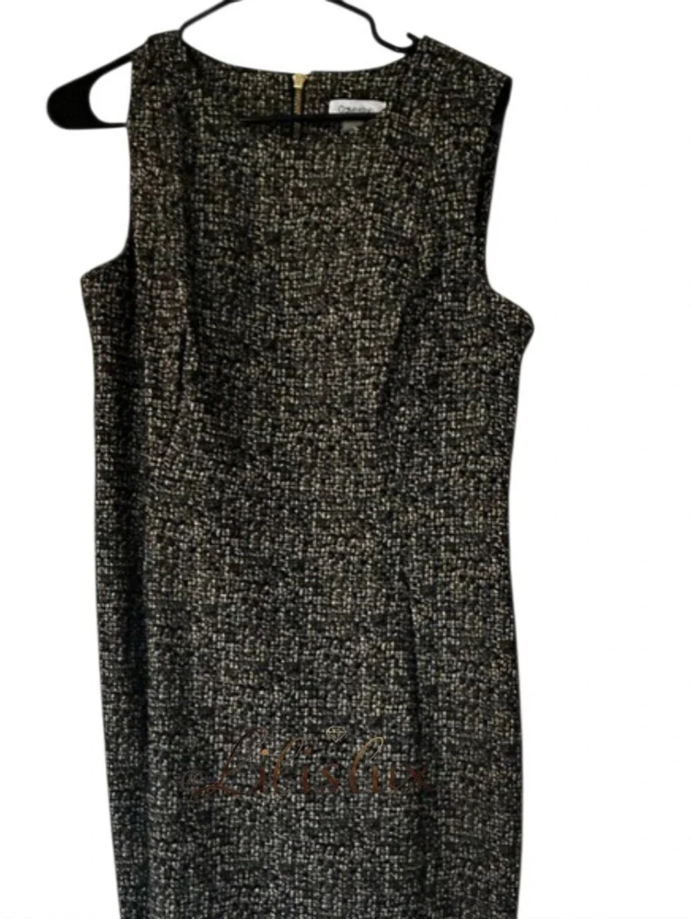Calvin Klein Black White And Gold Tweed Sheath Dress Knee Length Size 14 GUC
